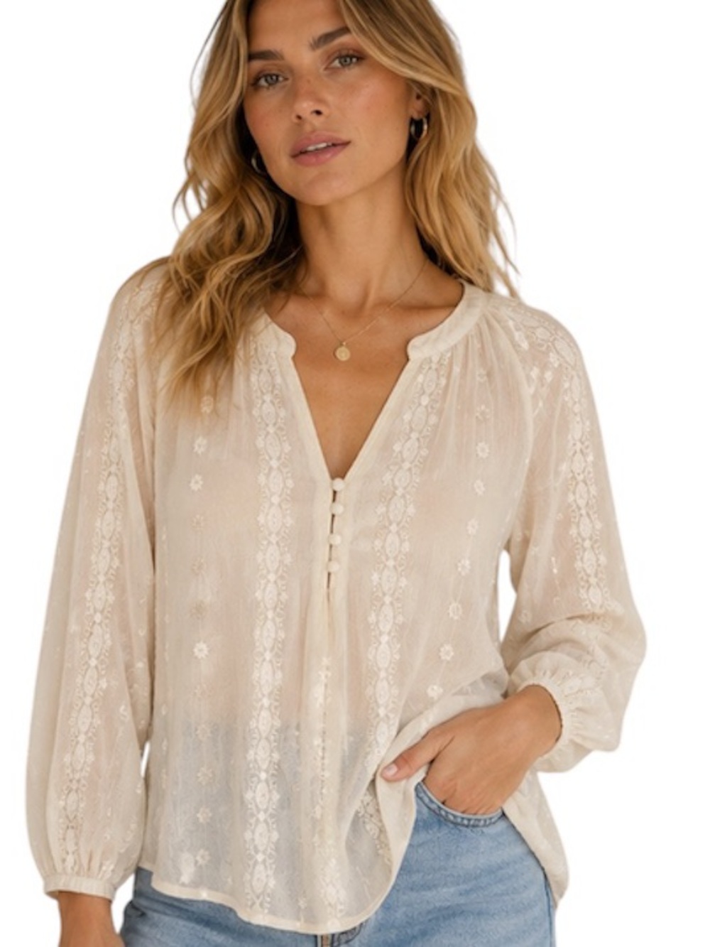 ZOA New York silk  Embroidered Boho Peasant Blouse Cream Ivory Small
